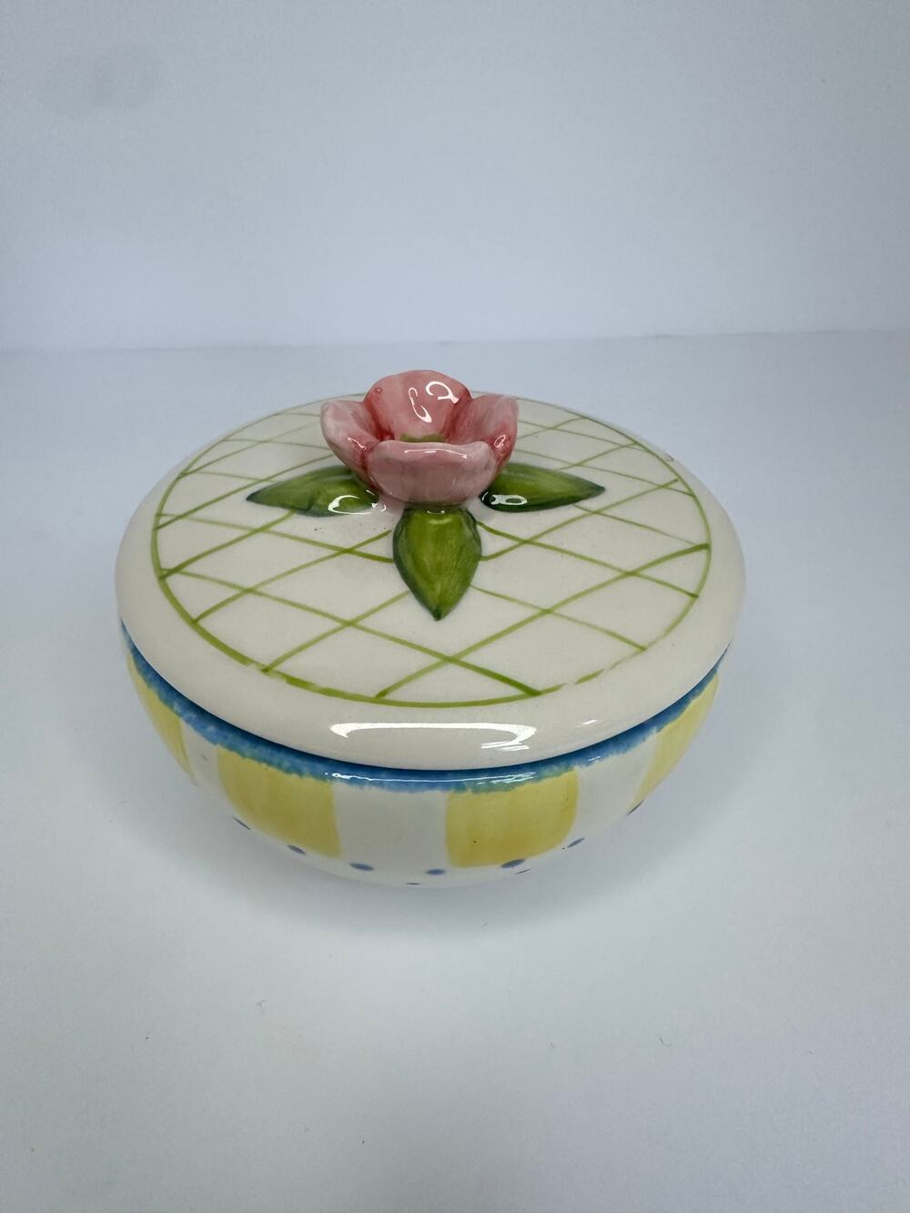 Longaberger Dogwood Lattice Ceramic Trinket Box Covered Dish Floral
